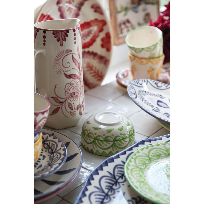 Hand-Painted Stoneware Low Bowl with Botanical Design