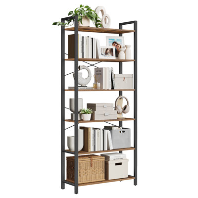 6 Tier Bookcase With Steel Frame, Free Standing Shelf, Living Room, Bedroom, Office, Industrial Design, Black Ink