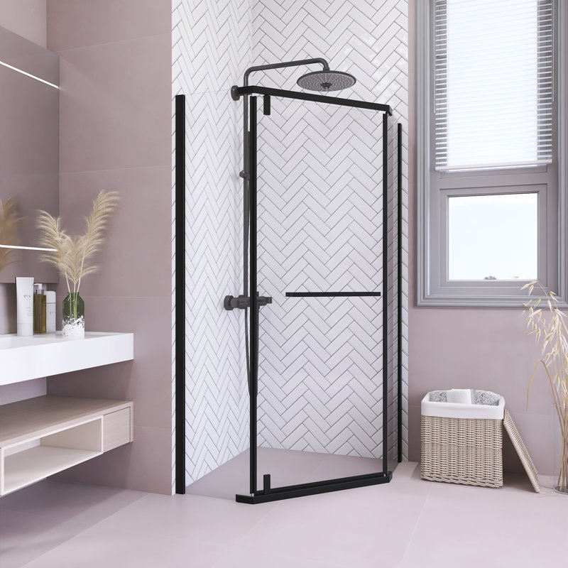 36" W X 36" D X 72" H Semi-Frameless Neo-Angle Corner Shower Door With Towel Bar And Clear Tempered Glass, Black