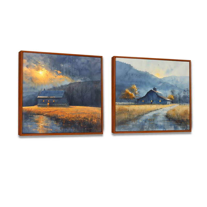 «Yellow Autumn Barn Golden Hour I» - décoration murale de grange - art mural traditionnel 2 pièces, H 36 po x l 73 po, Brun