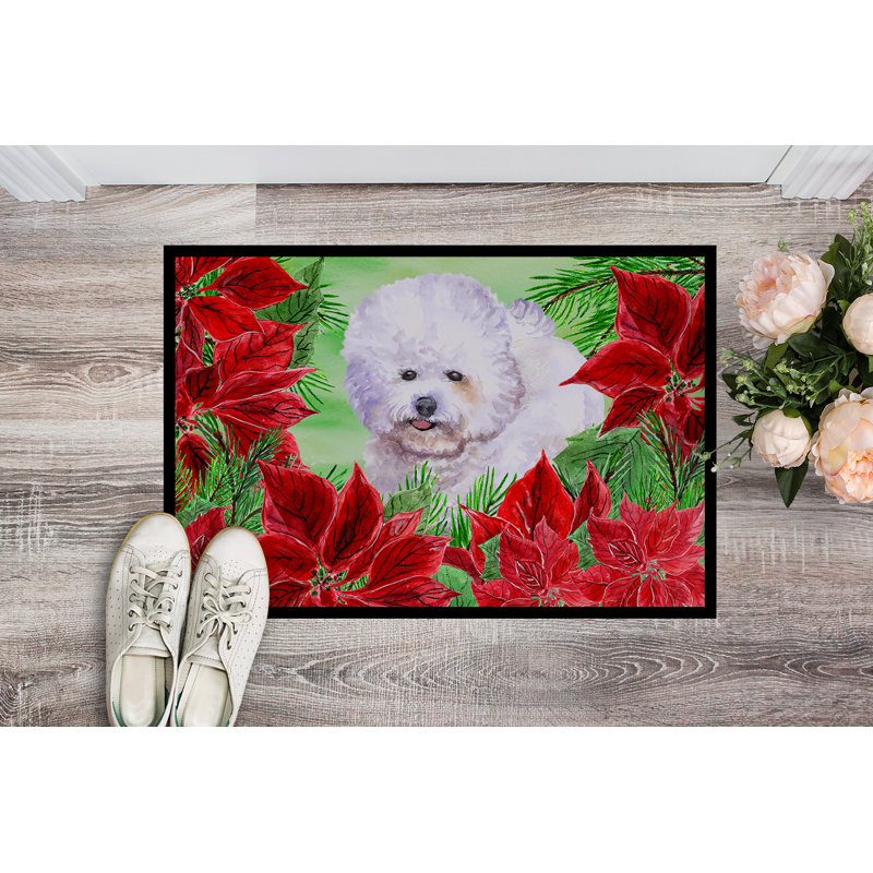 Tapis de porte pour l’extérieur antidérapant bichon bichon frisé poinsettas, Rectangulaire : 18 po x 27 po