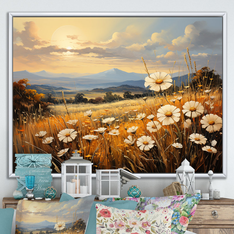 Magnifique champ de fleurs chaudes sur toile, H 16 po x l 32 po x P 1 po, Cadre flottant blanc
