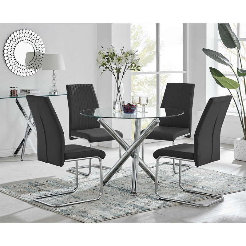 Seline Modern Round Dining Table Set in Glass and Chrome with 4 Upholstered Faux Leather Chairs, Black