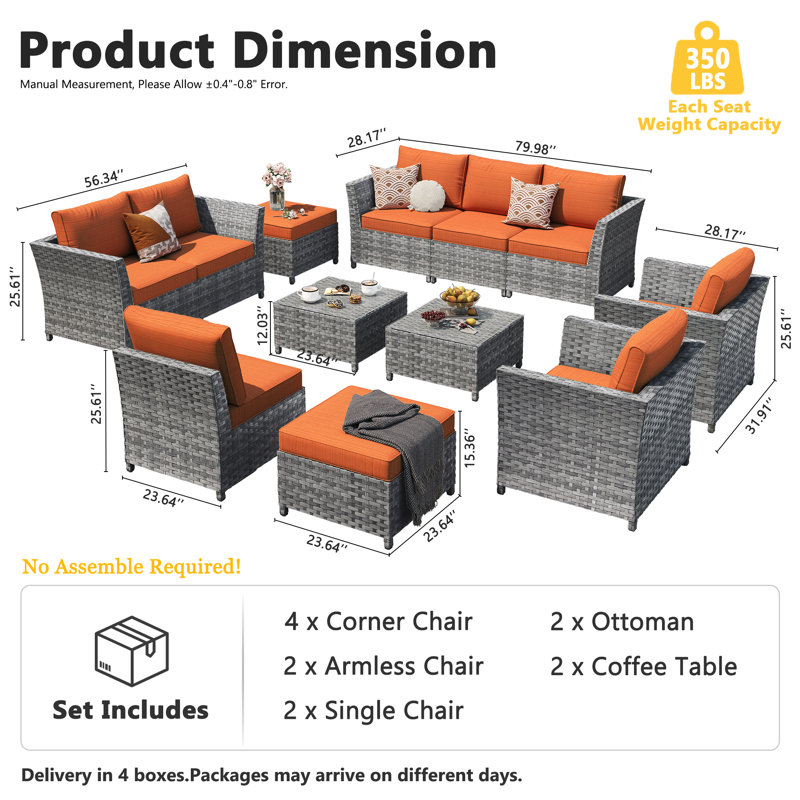 Briela 8 - Person Outdoor Seating Group with Cushions with Fire Pit table No Assembly Required, Orange, No