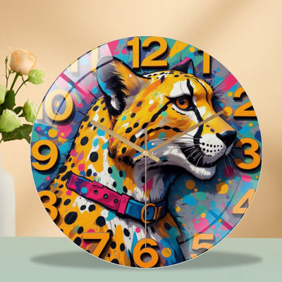 Horloge murale colorée avec guépard pour décoration intérieure - Horloge murale moderne en verre 12 po