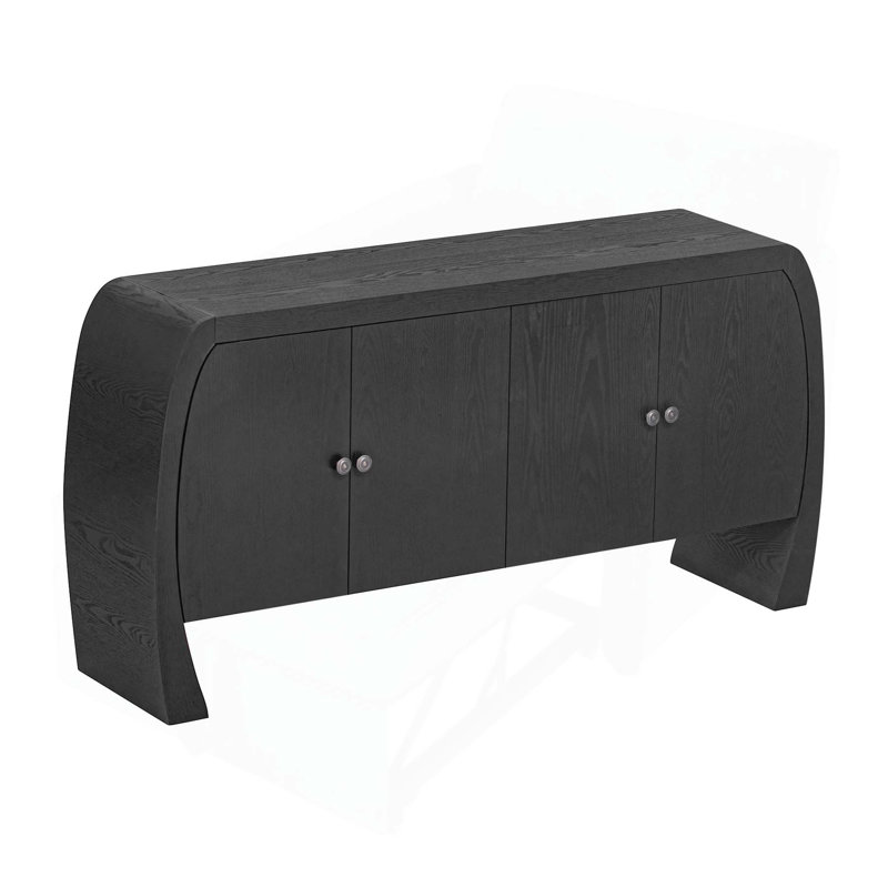Four-Door Ash Veneer Storage Cabinet with Curved Legs for Various Rooms, Black