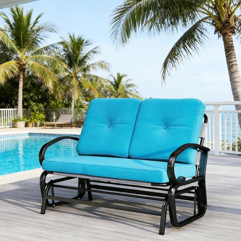 Banc de patio bleu avec assise confortable, filet respirant et, pour les réceptions en plein air, filet mesurant 396 lb, coussins idéaux pour les rassemblements, l 47,25 po x P 29,5 po, H 32,25 po