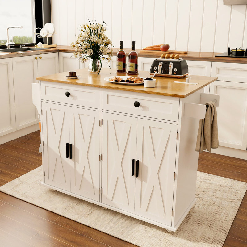 Îlot de cuisine roulant avec prise de courant | Deux grands tiroirs et deux portes en forme de X, une table d'appoint à abattants, des roulettes verrouillables - Chariot de rangement et de préparation pour petites cuisines, appartements, véhicules récréatifs