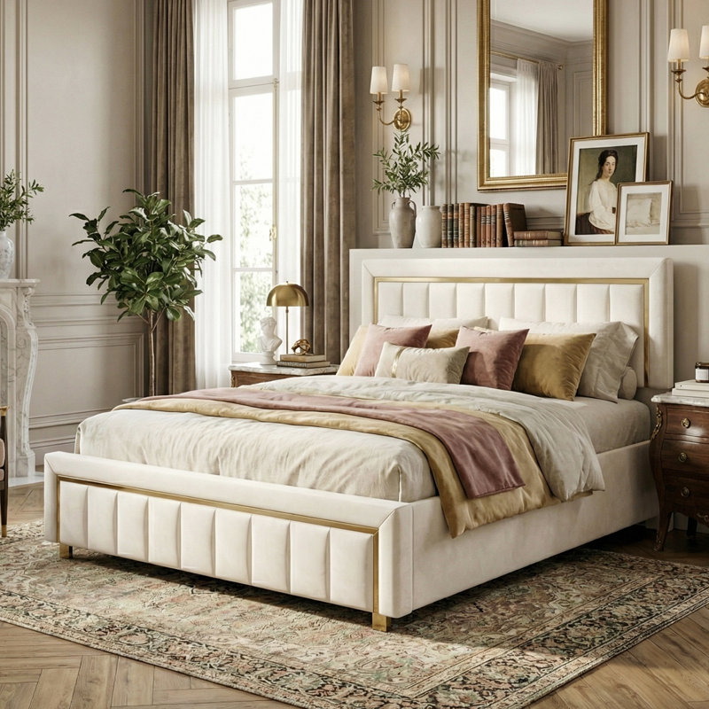 UK & EU Velvet Ottoman Bed with Fluted Gold-Trim Headboard, Luxury Gas-Lift Storage Bed, Beige/Black, Double (4'6), Beige