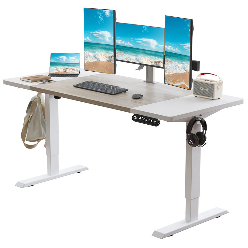 63"×30" Height Adjustable Electric Standing Desk Height Stand Up Computer Desk (Not Include Stools), White/Light Oak