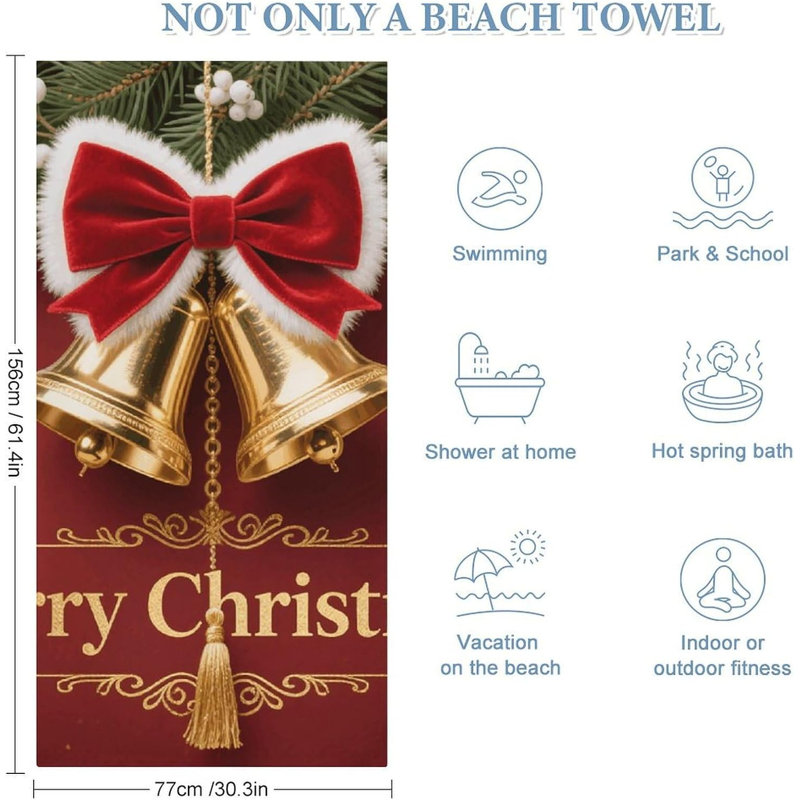 Serviette de plage à séchage rapide en microfibre de Noël à imprimé cloche de Noël, 60 x 80 po