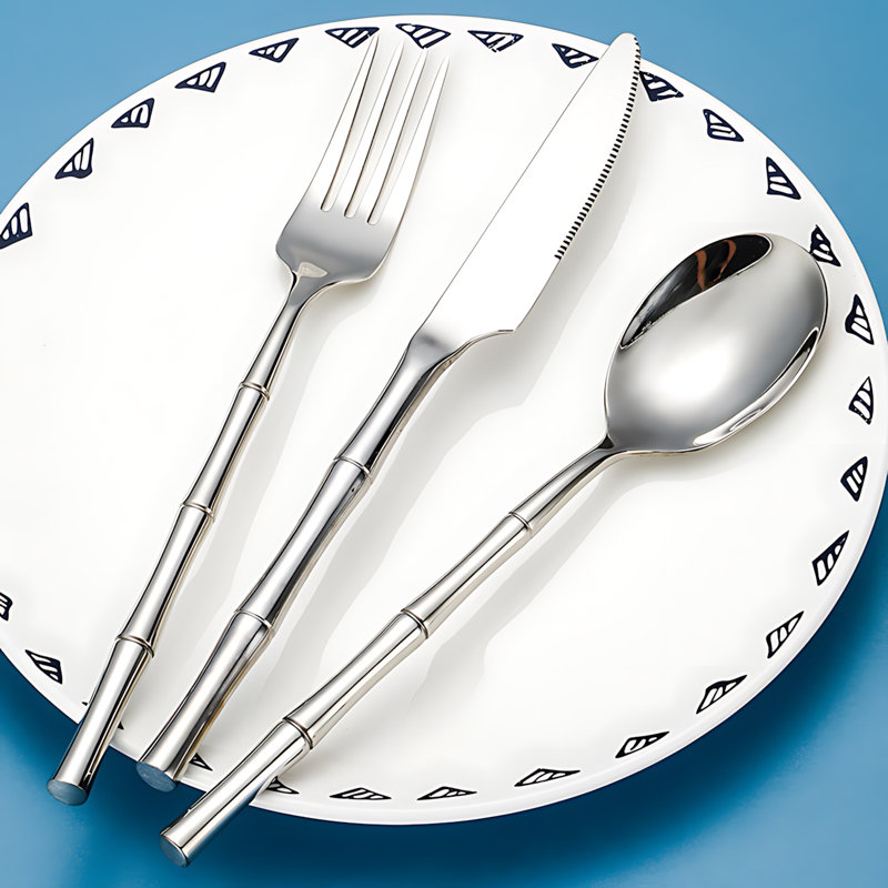 Ensemble de couverts 30 pièces en acier inoxydable à poignée en bambou 304 - Couteau à steak, fourchette et cuillère pour le restaurant, l'hôtel et la maison