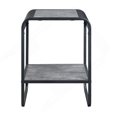Modern Sleek Design End Table With Shelf, Black Metal Frame And Faux Concrete Gray Top For Stylish Living Room Storage