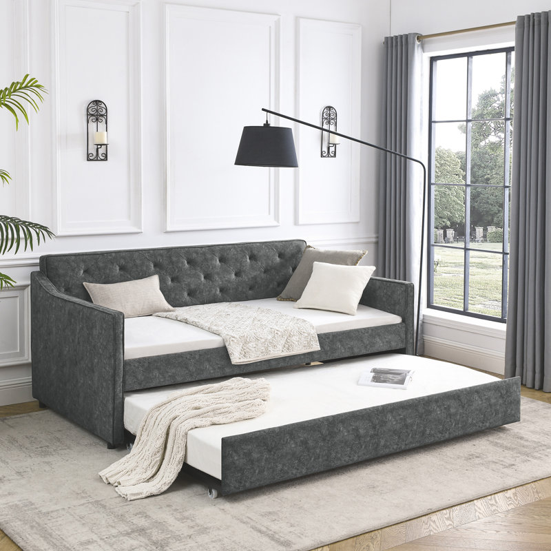 Lit de jour polyvalent en mousse de style Mid-Century avec un design élégant pour la chambre d'amis, Lit simple, Gris clair