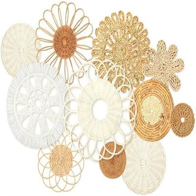 11 pièces Boho Wall Basket Decor décoratif Bulrush tissé panier décoration murale Boho Wall Art rond ferme paniers suspendus pour la cuisine rustique maison décorations de Noël, plusieurs tailles (roman)