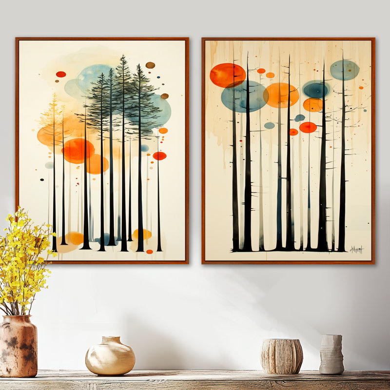 Silhouettes de forêt de pins de Summer Valley - Décoration murale en pin (lot de 2), 32" H x 48" W, Brown Floater Framed