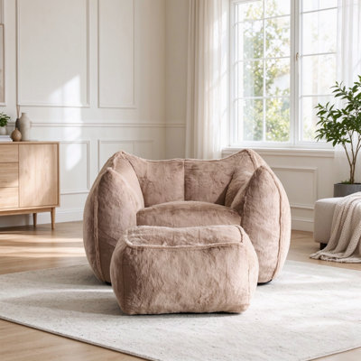Fauteuil d'appoint surdimensionné en fausse fourrure de lapin avec repose-pieds pour un confort douillet et douillet dans le salon ou la chambre. Sofa une place kaki sans cadre, à compression.