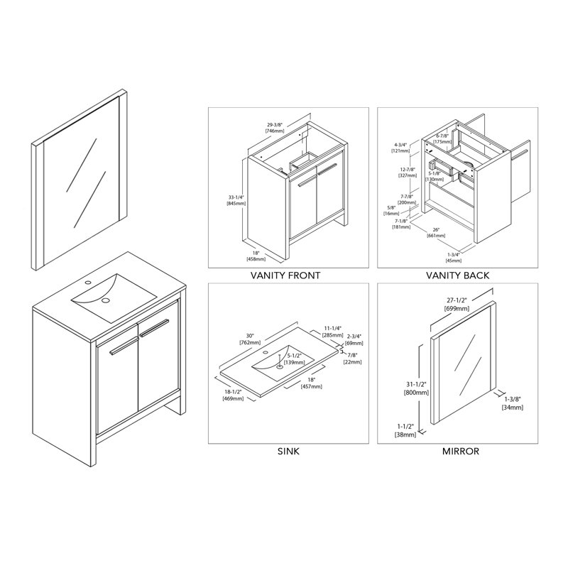 Ensemble de meuble-lavabo pour salle de bain simple 30 po avec miroir Artemis, Blanc lustré