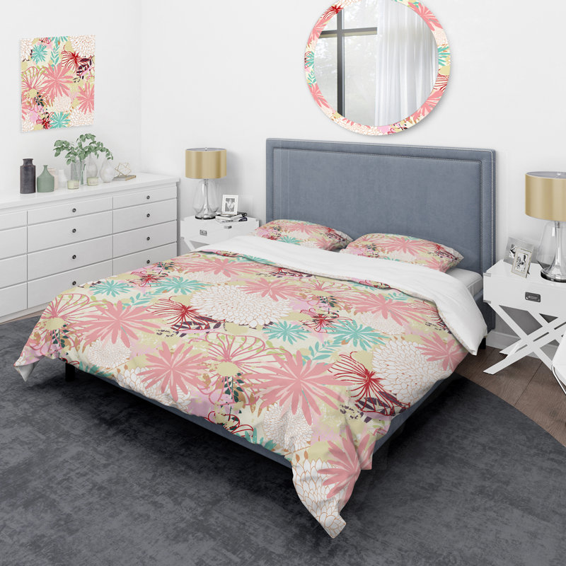 Rayures florales roses - Ensemble de housse de couette floral - Polyester en microfibre