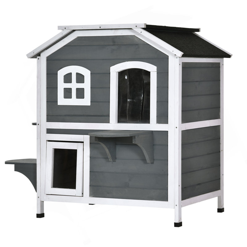 Abri pour chat en bois pour l'extérieur - 2 étages avec protection contre les prédateurs pour les chats, maison grise à 2 étages, porte de refuge, toit ouvrant et plateformes de saut