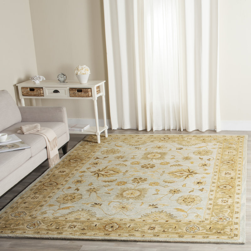 Tapis bleu clair / sauge en laine touffeté à la main Armintha, Rectangle 7 pi 6 po x 9 pi 6 po