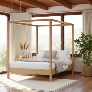 Structure de lit à baldaquin en bois de pin massif, lit à baldaquin moderne avec support à lattes en bois, pas de sommier tapissier, finition bois naturel