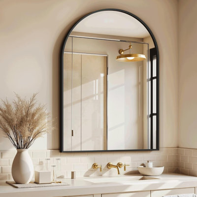 Miroir de salle de bain arqué mural, cadre en métal noir 76 x 51 cm, verre incassable haute définition, idéal pour salle de bain, entrée, chambre ou salon.