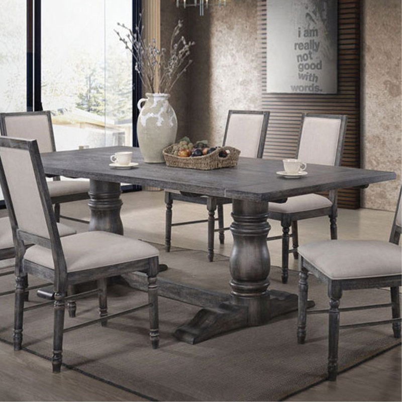 Table rectangulaire à tréteaux avec piédestal double tourné, gris vieilli