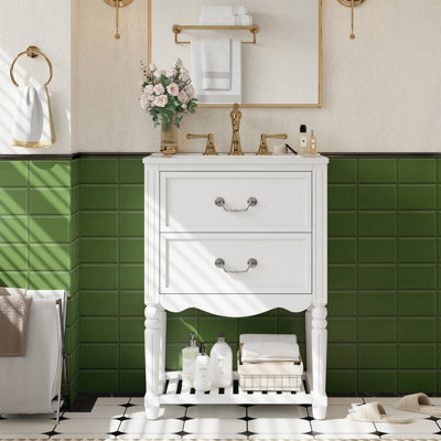 Meuble-lavabo de 24 po avec lavabo en céramique, armoire de salle de bain avec deux tiroirs à fermeture en douceur et une tablette ouverte