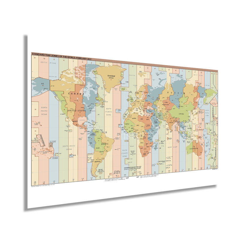 Carte du fuseau horaire standard du monde 2021, L 24 po x H 16 po