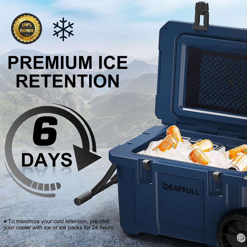 55 Quart Cooler With Wheels, Ice Chests Portable Camping Cooler Holds Ice Up To 6 Days, Leak-proof Outdoor Insulated Cooler With Handle, Cup Holders, Hard Cooler For Camping, Beach, Boat