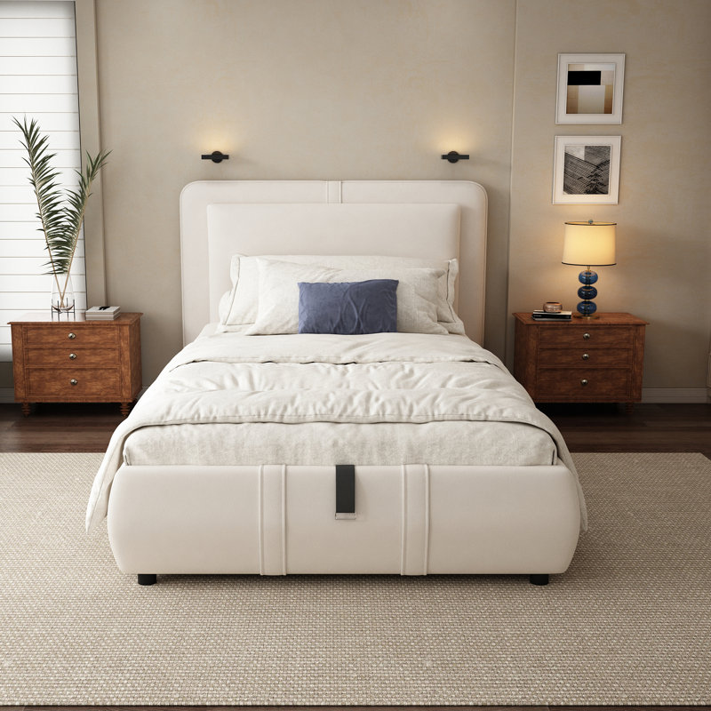 Velvet Upholstered Bed With Hydraulic Storage - 3Ft (90Cm), Single (3'), Beige