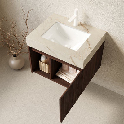 Meuble-lavabo EIDEN 61 cm (24 po) avec lavabo suspendu, comptoir en pierre frittée couleur crème veinée or et lavabo en céramique avec 1 trou pré-percé pour robinetterie, démonté, sans robinetterie ni bonde, couleur noyer.