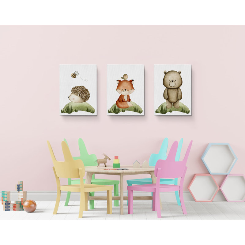 «Cute Hedgehog Bear Fox», ensemble de 3 reproductions sur toiles tendues, H 24 po x l 48 po x P 1,5 po
