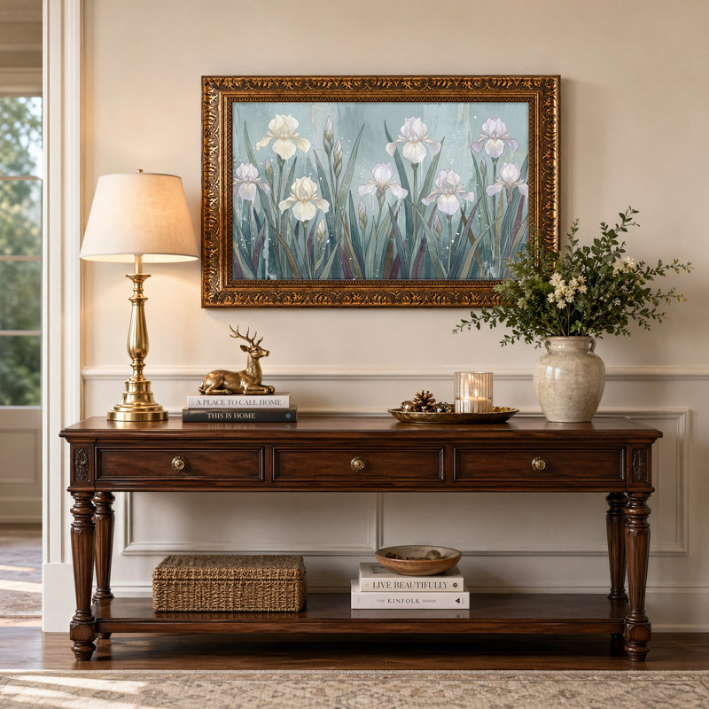 Art mural en toile noyer doré encadré pour le salon, la chambre à coucher, le bureau ou le vestibule - décoration murale décorative avec jardin Iris