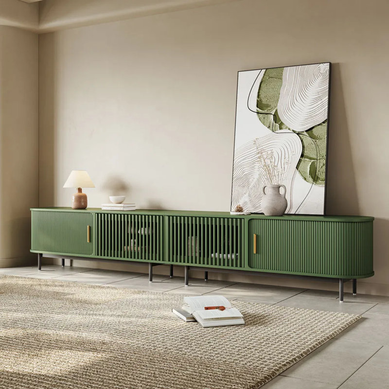 Mid-Century Modern TV Stand, Sliding Door, Fully Assembly, 21.25"H x 118"L x 15.75"W, Green