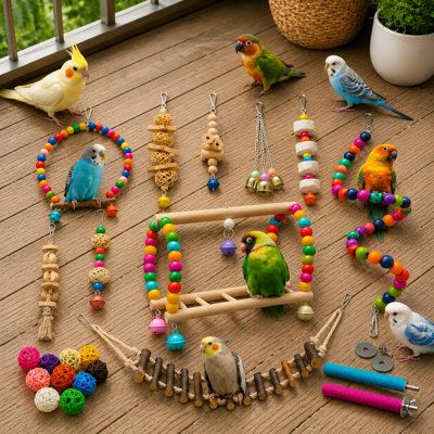 Ensemble de 22 jouets pour perroquet, balançoire à oiseaux en bois naturel, échelle, jouets pour perchoir à mâcher avec boules en forme de cloche et de vigne, accessoires d'enrichissement de cage à oiseaux pour perruches, cockatiels, conures