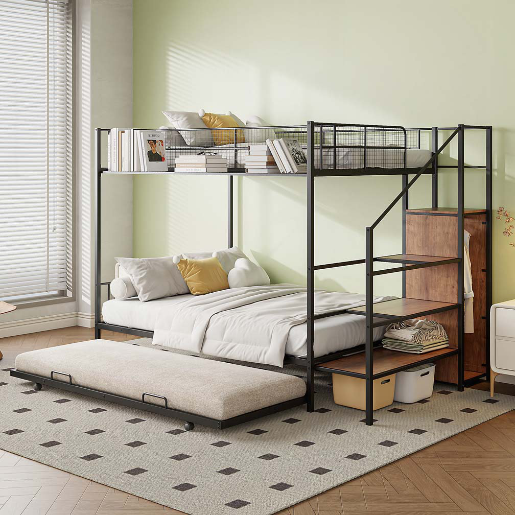 17 Stories Twin Over Full Metal Bunk Bed with Trundle and Lateral ...