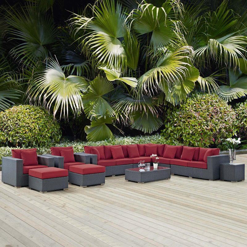 Sunbrella de patio d'extérieur 11 pièces Modway Ensemble modulaire, Toile Sunbrella® rouge Jockey