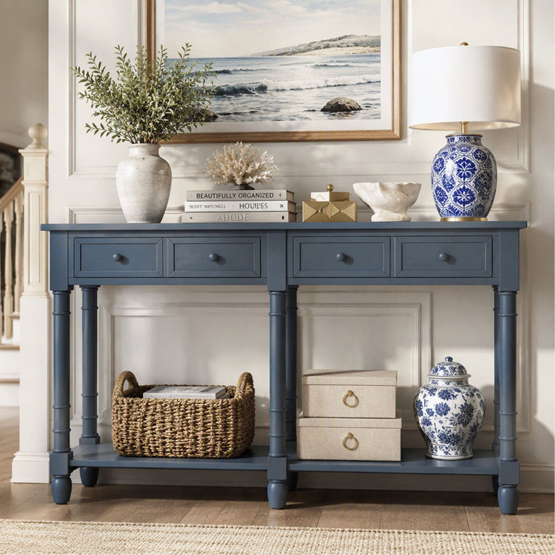 Console rustique avec deux tiroirs spacieux et une tablette inférieure pour un décor de salon et de vestibule élégant