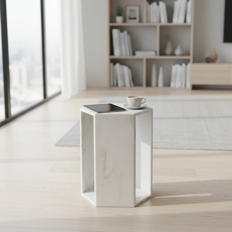 Table d'appoint hexagonale en marbre blanc, mesurant 16 cm x 40 cm, idéale pour les petites tasses à café, avec des veines naturelles uniques.