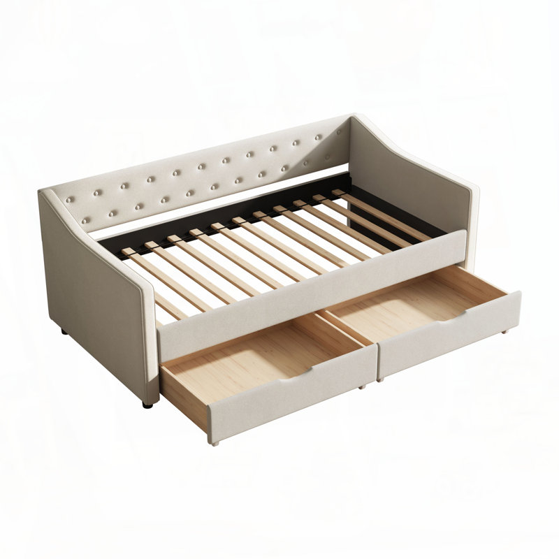 Upholstered Tufted Daybed with Drawers, Beige, Twin