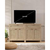 Sideboard Buffet Storage Cabinet Set Of 2, Credenza Buffet Table, Boho Console Accent Cabinet With Doors And Drawer, Coffee Bar Cabinet For Kitchen Entryway Living Room, Natural
