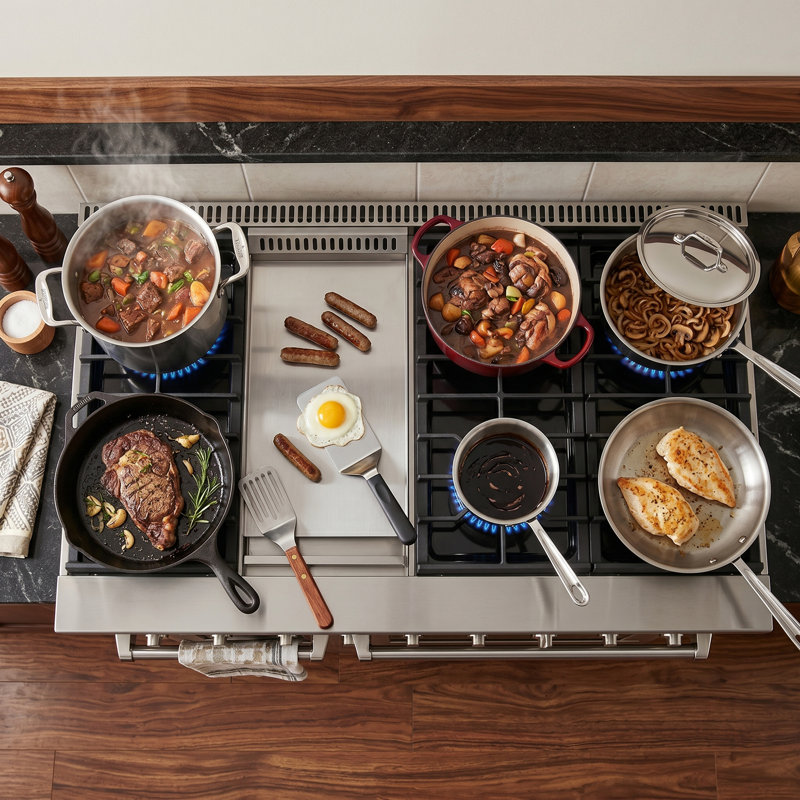 KOSTCH 48" Gas Range with 6 Burners & 1 Griddle Cooktop, Double 4.6 & 2.2 cu. ft. Oven, Red, Liquid Propane