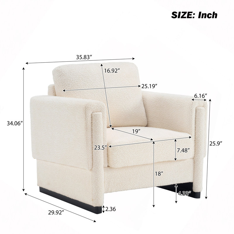 Fauteuil d'appoint rembourré avec accoudoirs en bois massif, fauteuil club carré en tissu bouclé avec coussin épais, chaise d'appoint moderne avec piètement luge pour salon et chambre
