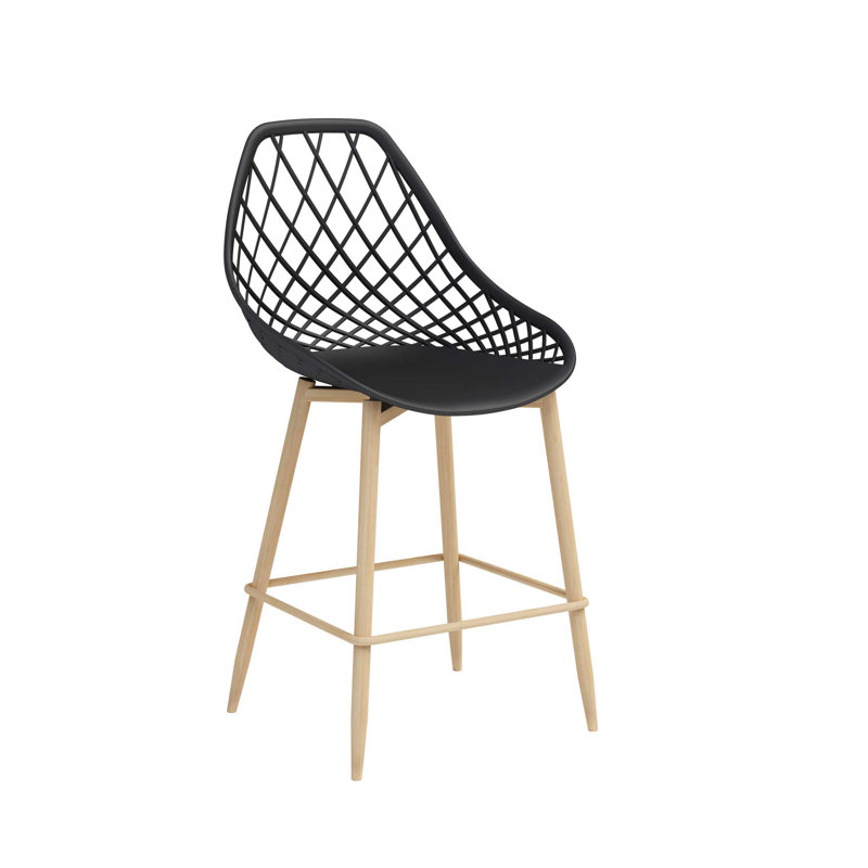 Hosley Counter Stool for Indoors or Outdoors with Ergonomic High Back and Steel Legs, Natural/Black