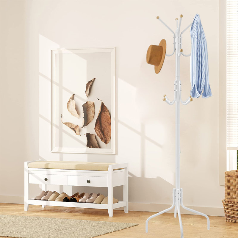Freestanding Metal Coat Rack For Entryway And Corner, White