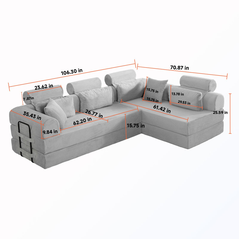 Canapé modulaire rembourré en L, Velours côtelé vert clair