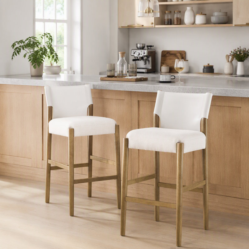 Ensemble de tabourets de bar en tissu noir d'inspiration Mid-Century, siège rembourré confortable avec structure en bois d'hévéa robuste pour une décoration intérieure élégante.