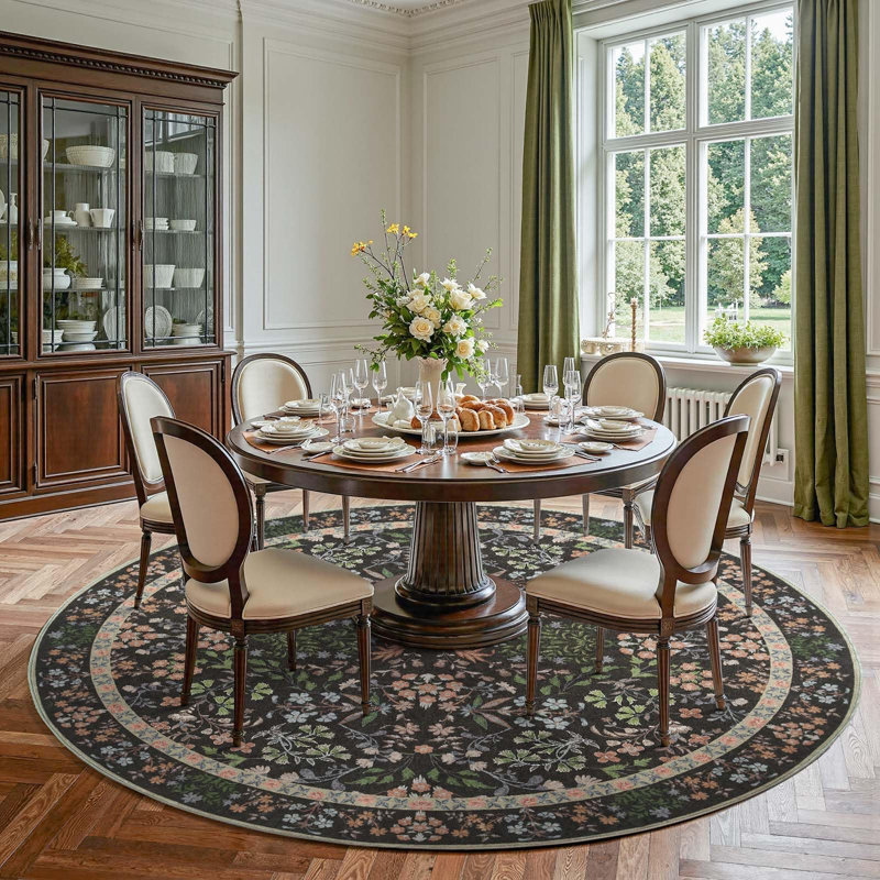 Floral Machine Washable Area Rug, Black, Round 8'